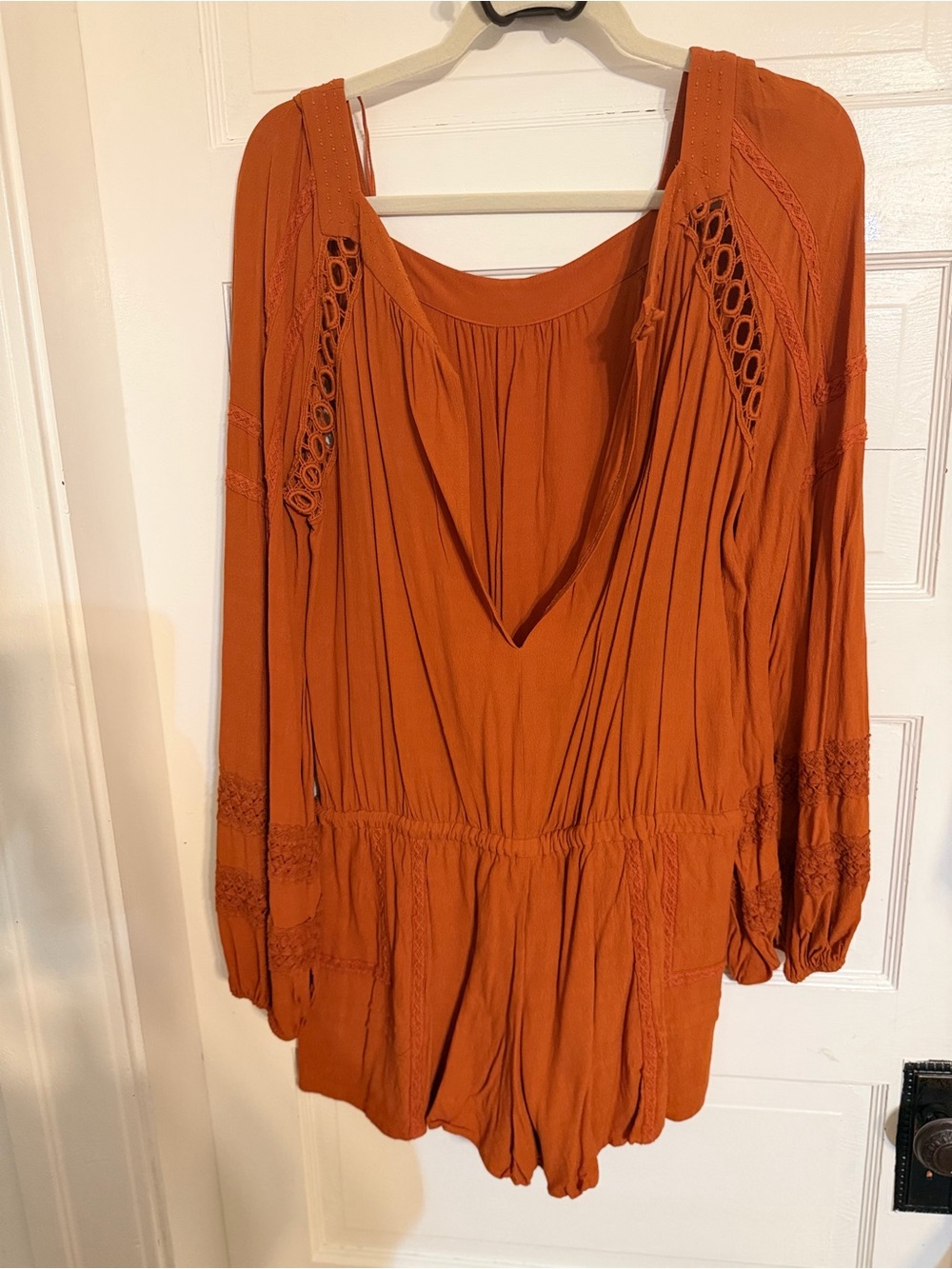 Free People Rust Orange Boho Crochet Trim Romper